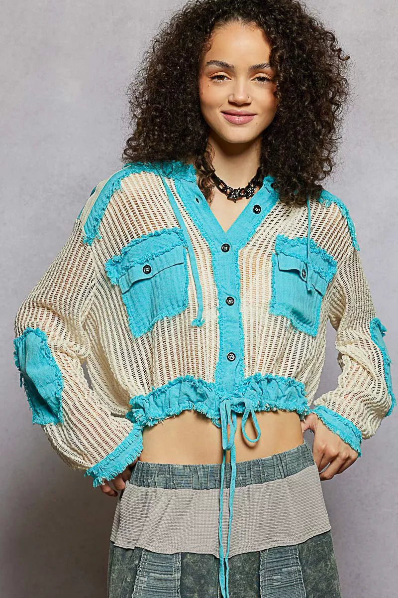 POL Aqua Blue Texture Woven Button Down Hooded Shirt with Drawstring Hem AQUA BLUE MULTI