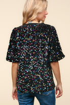 Haptics Black Velvet Multicolor Sequin Puff Sleeve Top Haptics