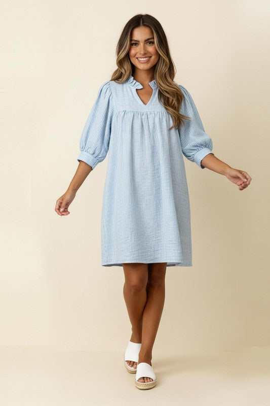 Haptics Bubble Blue Short Sleeve Pin Stripe Babydoll Dress