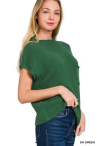 Zenana Dark Green Mock Neck Short Sleeve Sweater