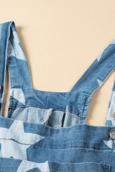 Preorder Star Print Buttoned Strap Wide Leg Denim Overalls