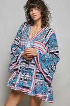 POL Striped Floral Long Sleeve Mini Dress with Pintuck Detail
