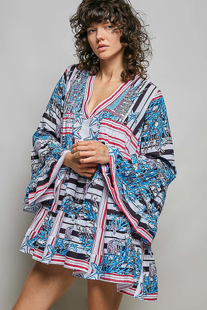 POL Striped Floral Long Sleeve Mini Dress with Pintuck Detail