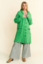 Davi & Dani Green Side Slit Button Up Hooded Cardigan Green Trendsi