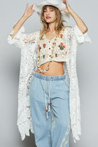 POL White Crochet Open Front Long Sleeve Longline Cardigan