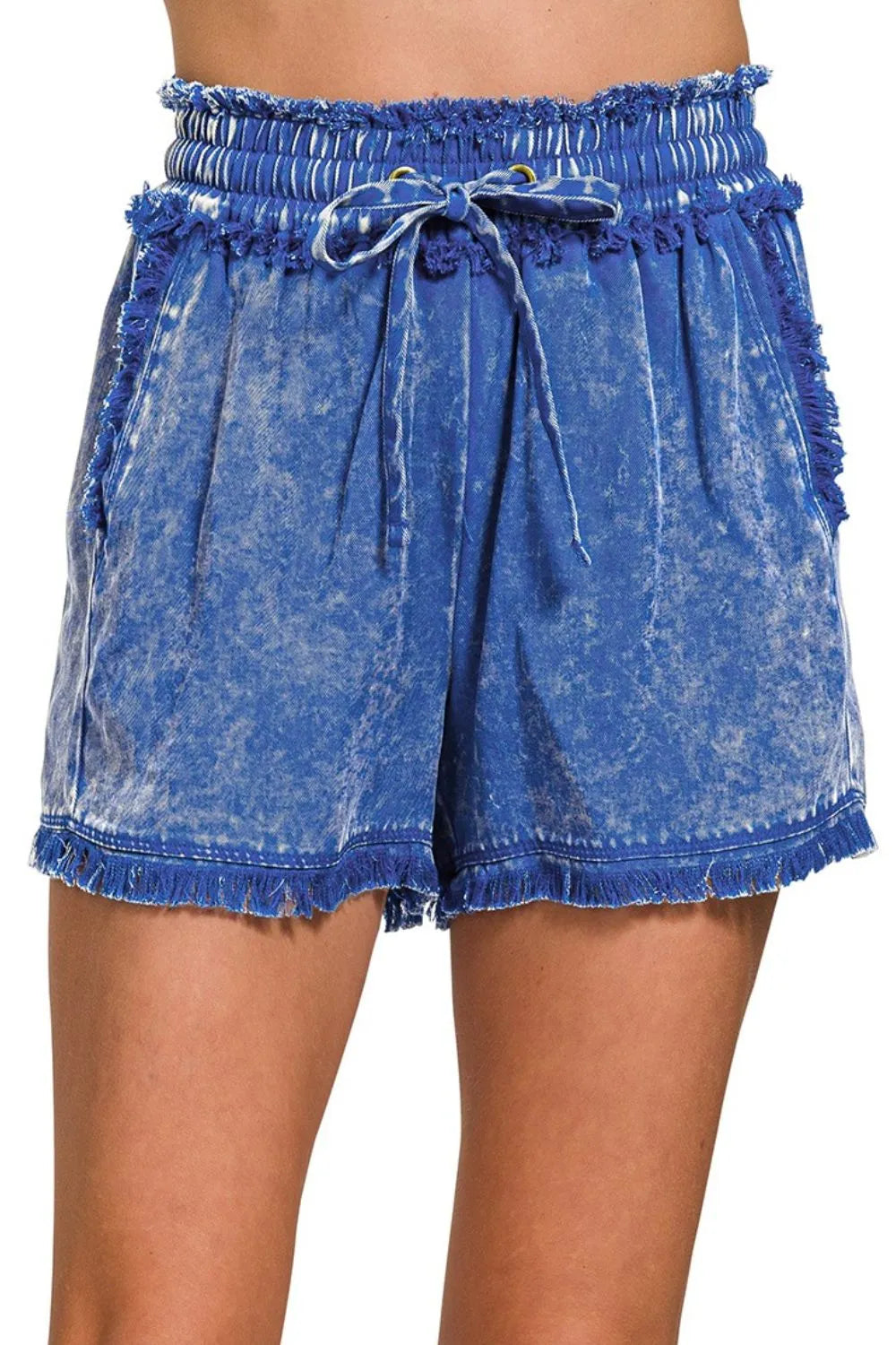 Zenana Classic Blue Mineral Frayed Hem Washed Shorts