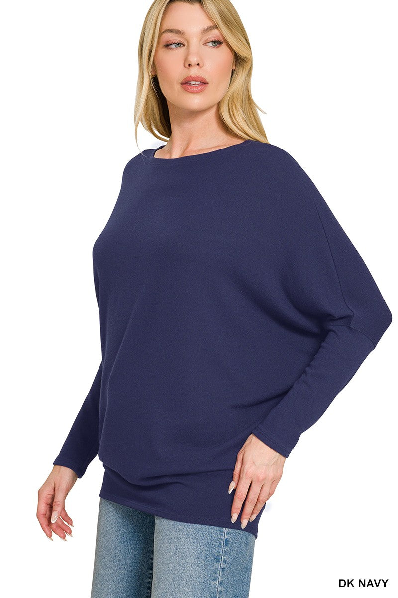 Zenana Dark Navy Hacci Dolman Sleeve Boat Neck Top DK NAVY