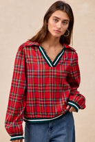 BiBi Christmas Red Plaid Collared Top with Ruffled Detail