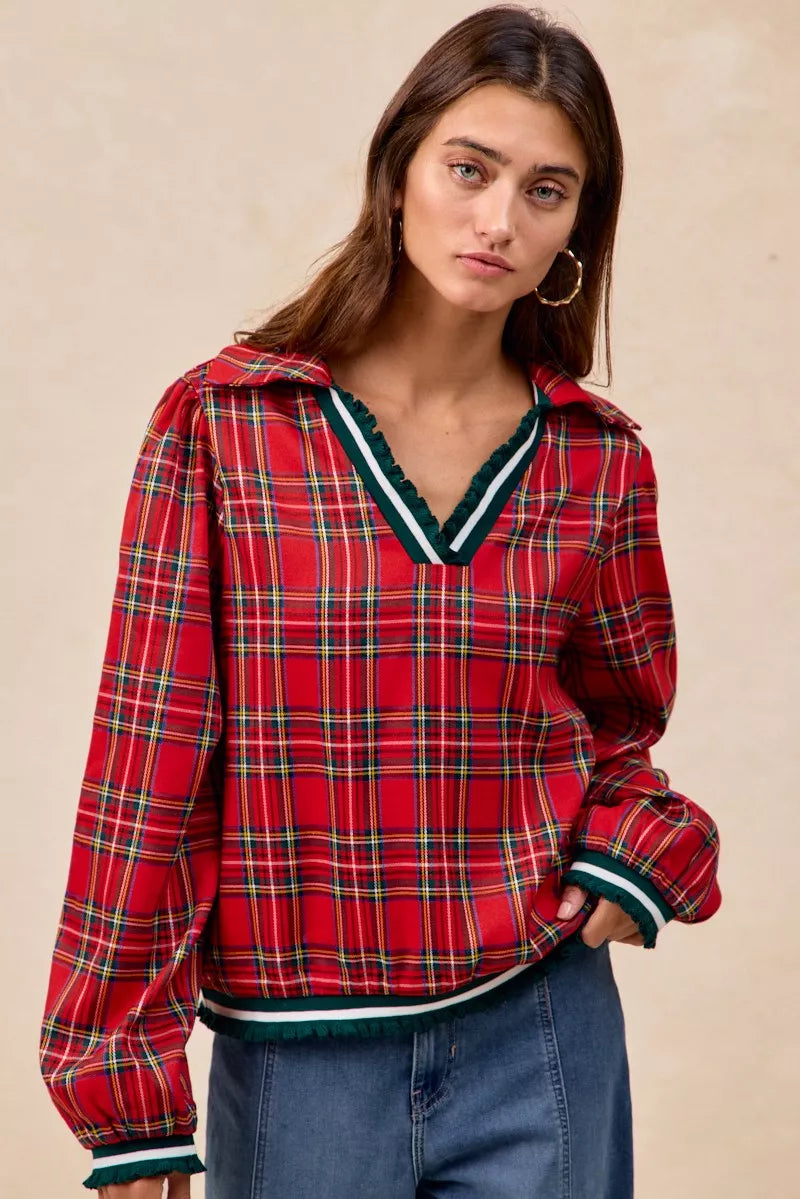 BiBi Christmas Red Plaid Collared Top with Ruffled Detail