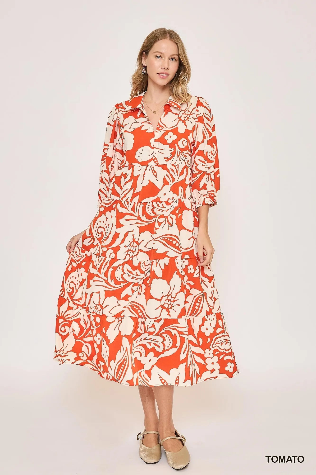 Umgee Tomato Floral Print Tiered Midi Dress TOMATO