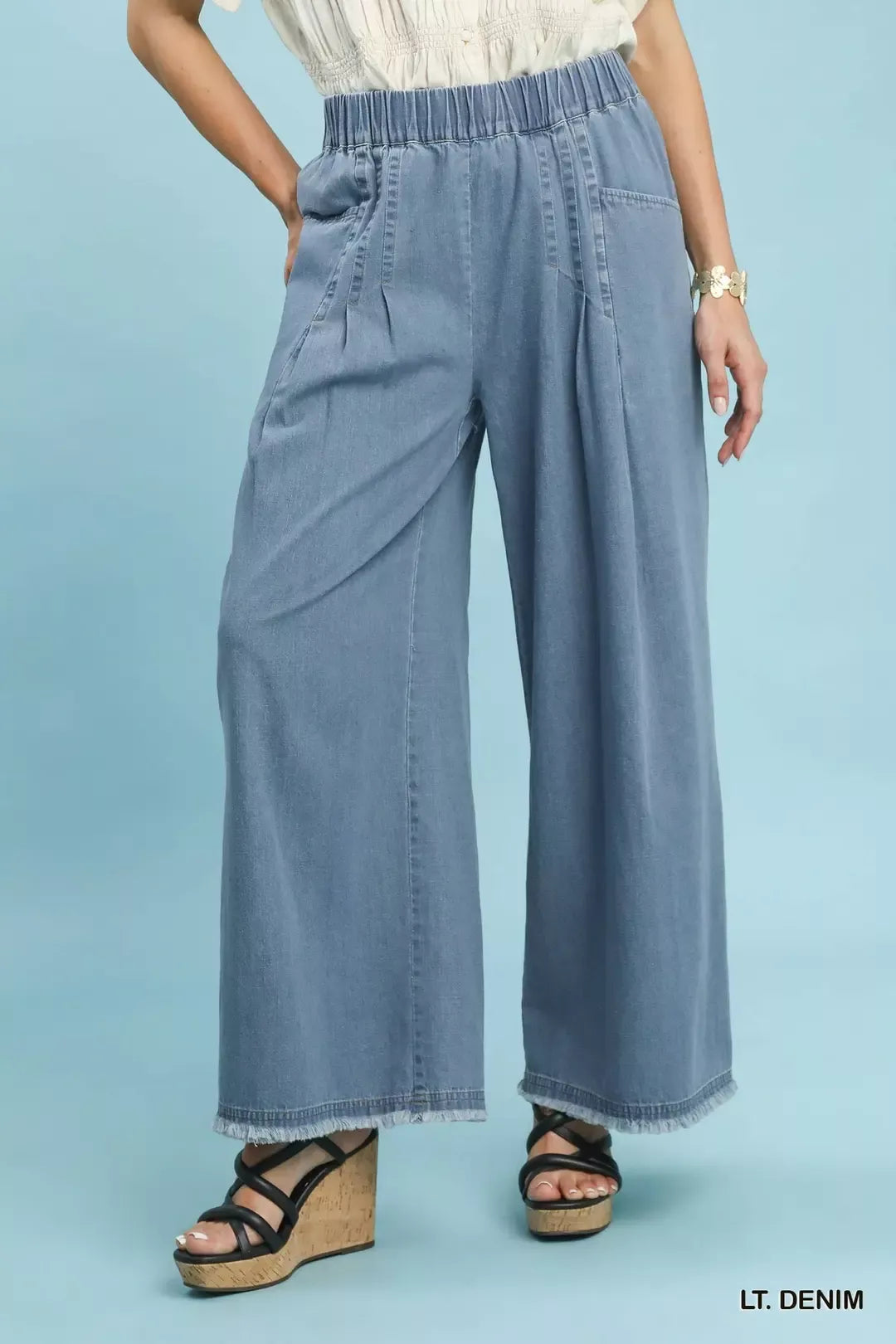 Umgee Stone Washed Wide Leg Pants LT. DENIM