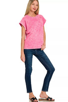 Zenana Hot Pink Halo Washed Cuffed Short Sleeve Tee
