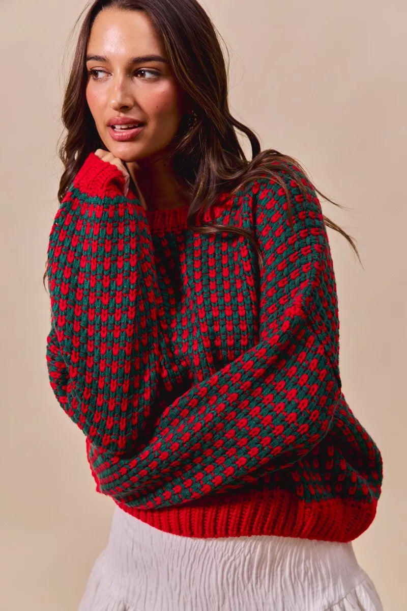 SO ME Red & Hunter Green Textured Two Tone Sweater