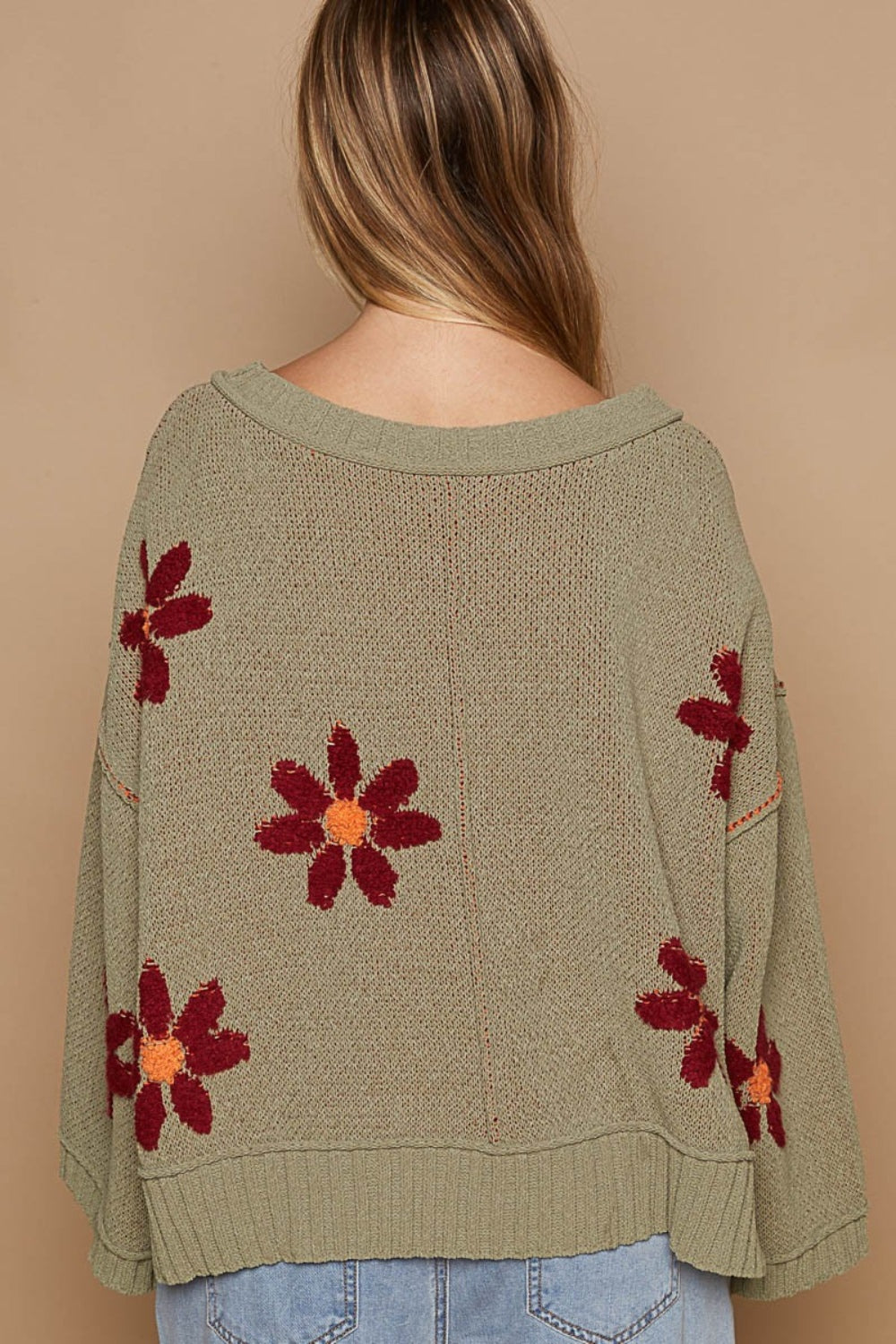 POL Olive V-Neck Floral Pattern Chenille Sweater Trendsi