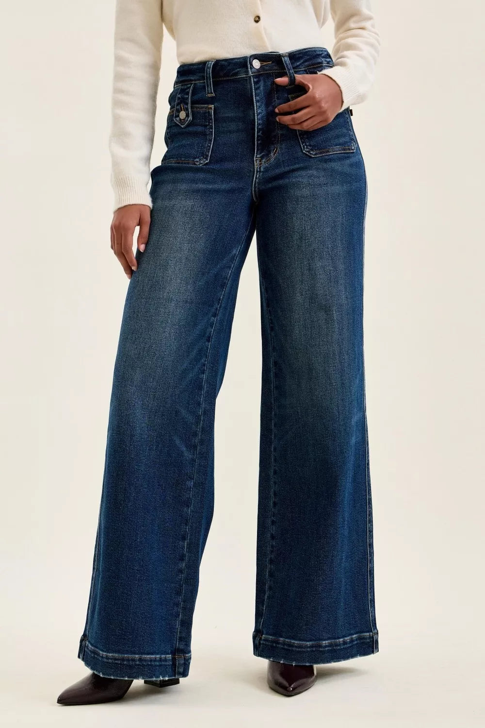 Judy Blue High Waist "lux" Retro Wide Jeans with Front Patch Tab Closure Dk Fade Indigo DK