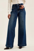 Judy Blue High Waist "lux" Retro Wide Jeans with Front Patch Tab Closure Dk Fade Indigo DK