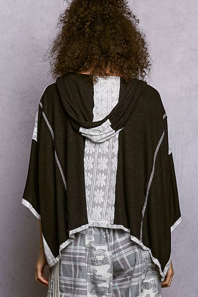 POL Black Short Sleeve Hoodie Top with Lace Detail