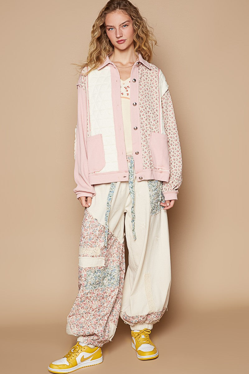 POL Pink Floral Exposed Seam Button Up Quilted Jacket Trendsi