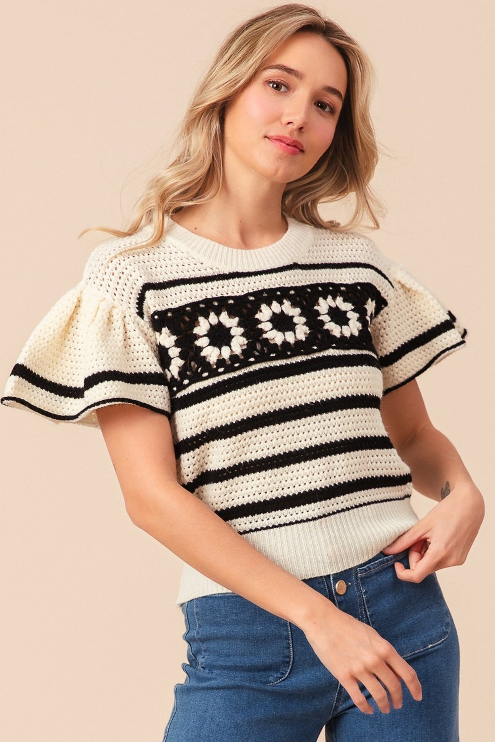 BiBi Granny Square Short Sleeve Striped Sweater Ivory Black Trendsi