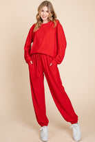 Super Lady Red Crinkle Check Textured Round Neck Top and Pants Lounge Set Trendsi