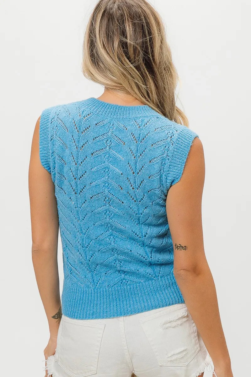 BiBi Denim Chevron Pointelle Pearl Knit Top
