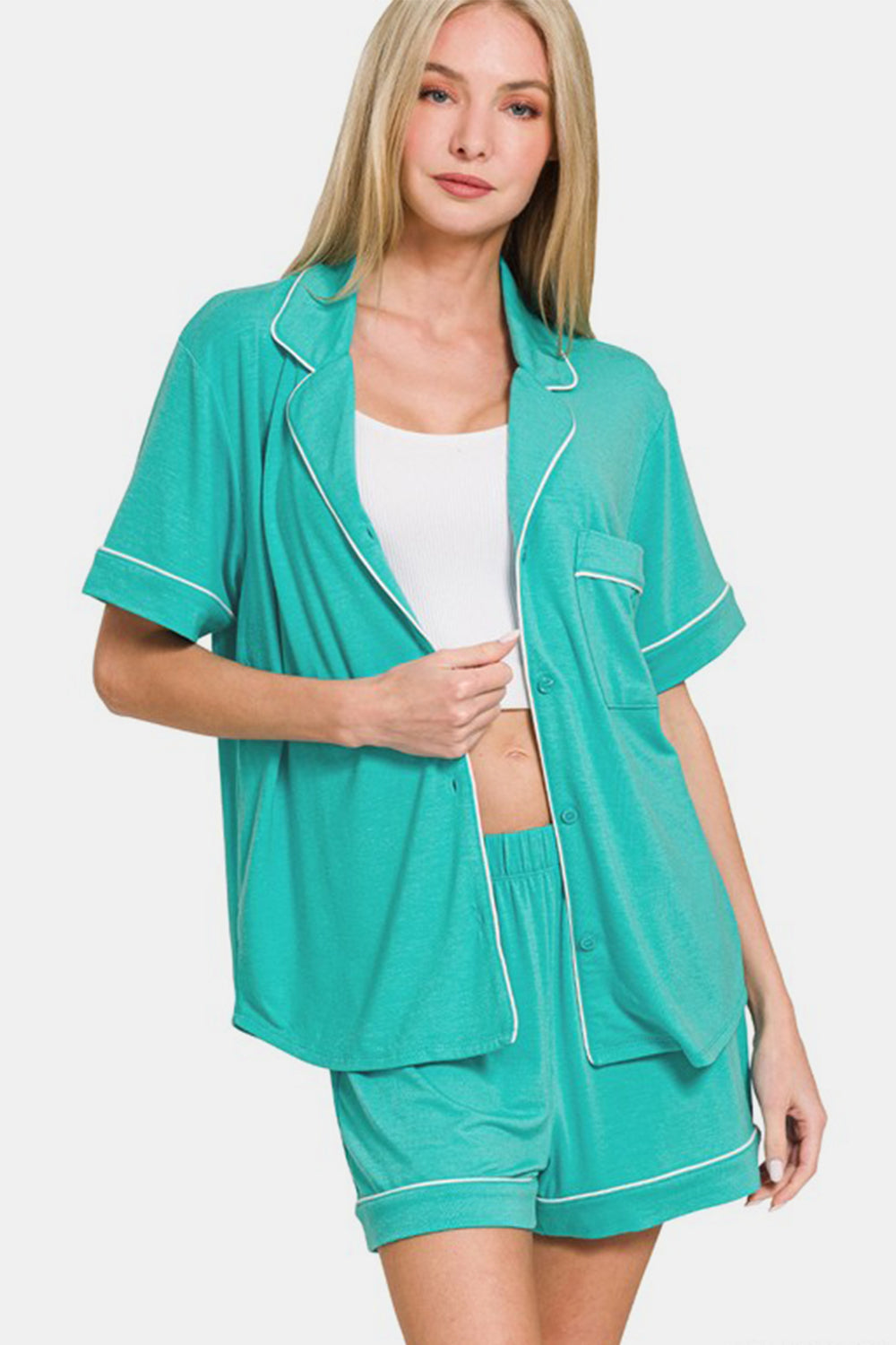 Zenana Turquoise Button Down Short Sleeve Top and Shorts Lounge Set Loungewear Set