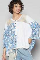 POL White & Blue Washed Floral Print Crochet Detail Top