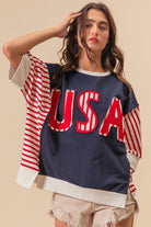 BiBi Navy USA Letter Patchwork Contrast Short Sleeve T-Shirt Trendsi