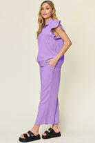 Double Take Quilted Textured Ruffle Short Sleeve Top and Drawstring Wide Leg Pants Set Trendsi