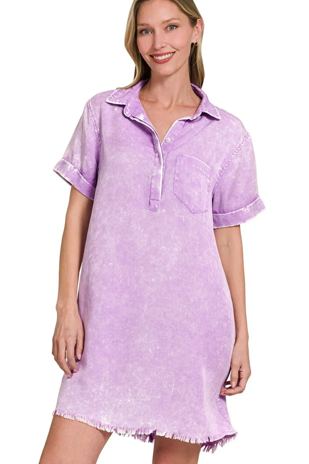 Zenana Bright Lavender Tencel Mineral Washed Collared Shirt Dress