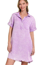 Zenana Bright Lavender Tencel Mineral Washed Collared Shirt Dress
