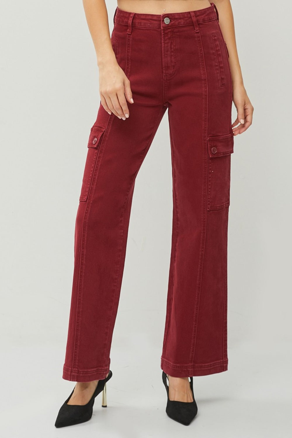 RISEN Wine Colored High Rise Wide Leg Cargo Jeans Trendsi