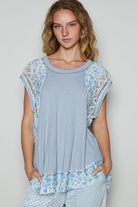 POL Light Blue Floral Frayed Hem Crochet Cap Sleeve Top Light Blue