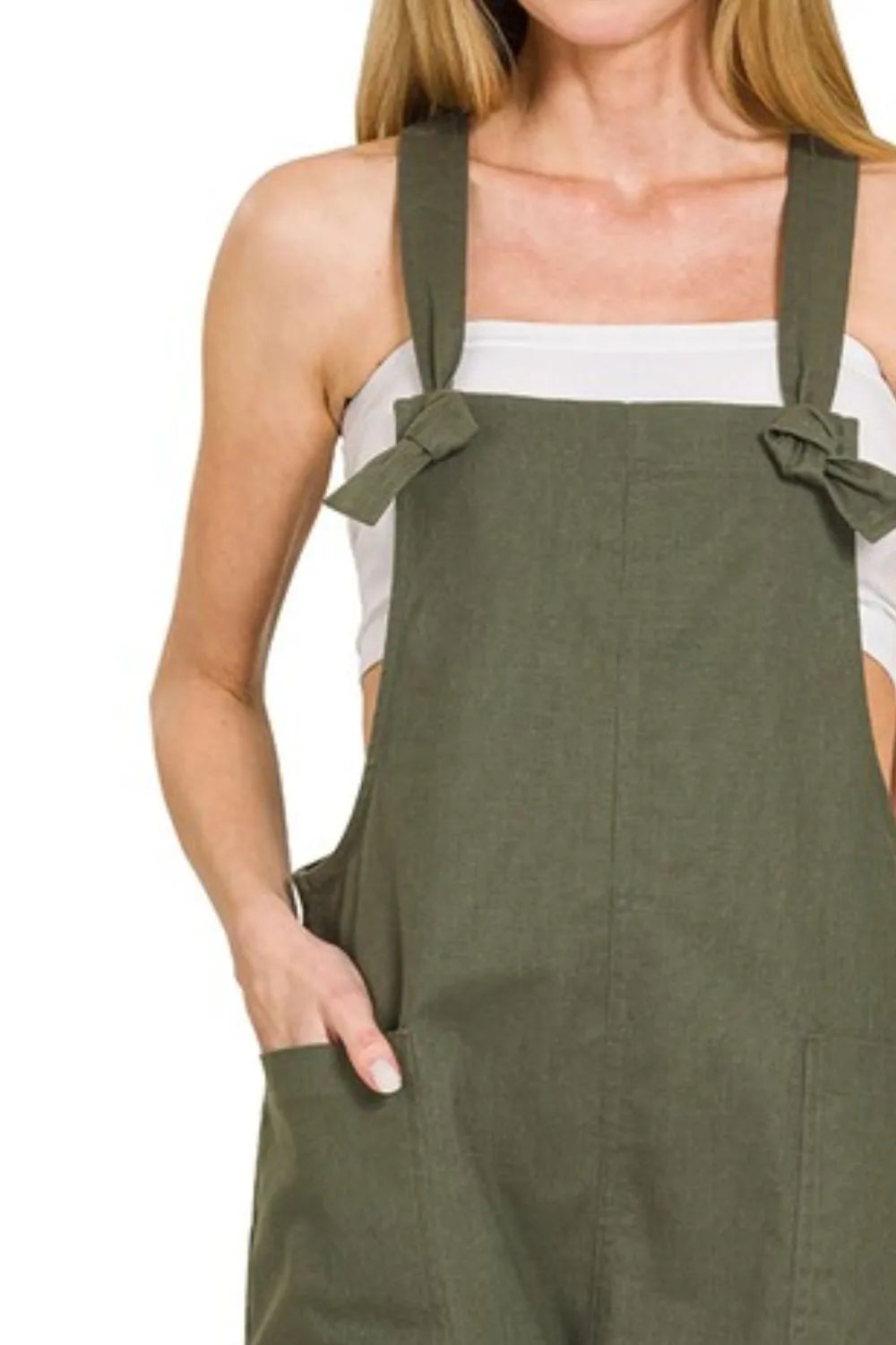 Zenana Dark Olive Woven Knot Strap Romper