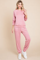 Super Lady Pink Fleece Round Neck Raglan Sleeve Top and Drawstring Pants Lounge Set Trendsi