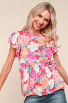 Haptics Coral Floral Print Folded Short Sleeve Babydoll Top