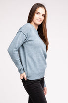 Zenana 9 Colors Melange Hi-Low Hem Round Neck Chest Pocket Sweater ZENANA