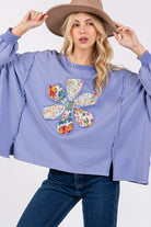 SAGE + FIG Blue Purple Flower Patch Dropped Shoulder Oversized Top Shirts & Tops