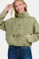 Zenana Acid Wash Fleece Half Snap Sweatshirt with Pocket LT Olive Shirts & Tops