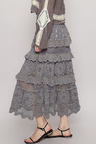 POL Dark Gray Crochet Lace Ruffled Midi Skirt