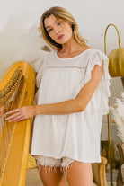 BiBi Ivory Ruffled Woven Short Sleeve Blouse