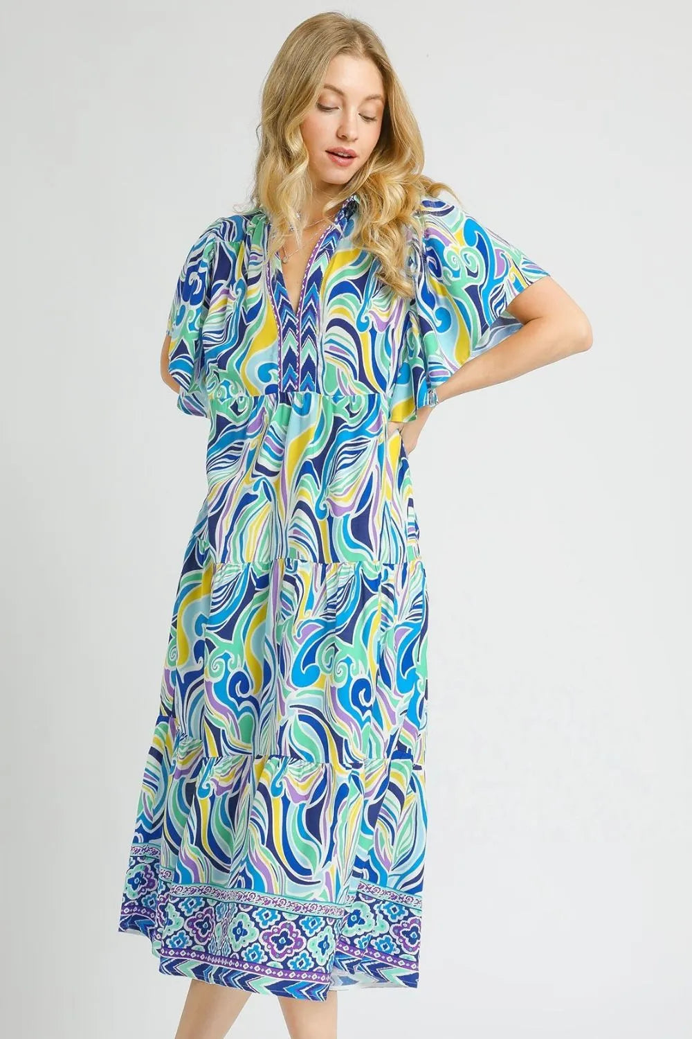 Umgee Pastel Blue Boho Swirl Printed Short Sleeve Tiered Midi Dress Pastel Blue