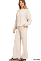 Zenana Sand Beige French Rib Pullover and Pants Set SAND BEIGE