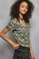 POL Grey Leopard Printed V-Neck Short Sleeve T-Shirt