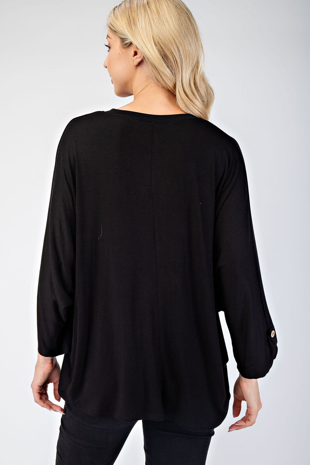 Celeste Black Notched Three-Quarter Sleeve Blouse