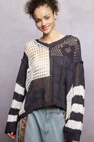 POL Charcoal Color-Blocked Stripe Pattern Knit Top with Twisted Weave CHARCOAL