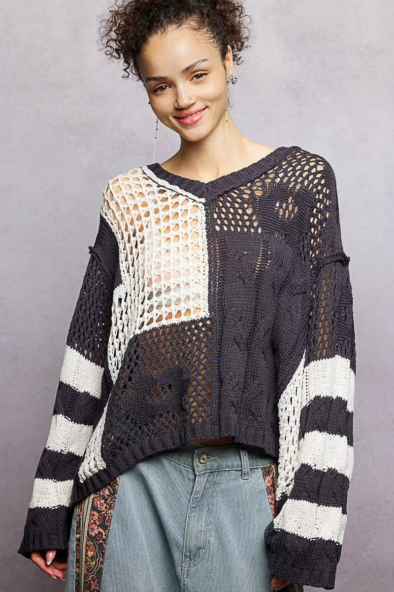 POL Charcoal Color-Blocked Stripe Pattern Knit Top with Twisted Weave CHARCOAL