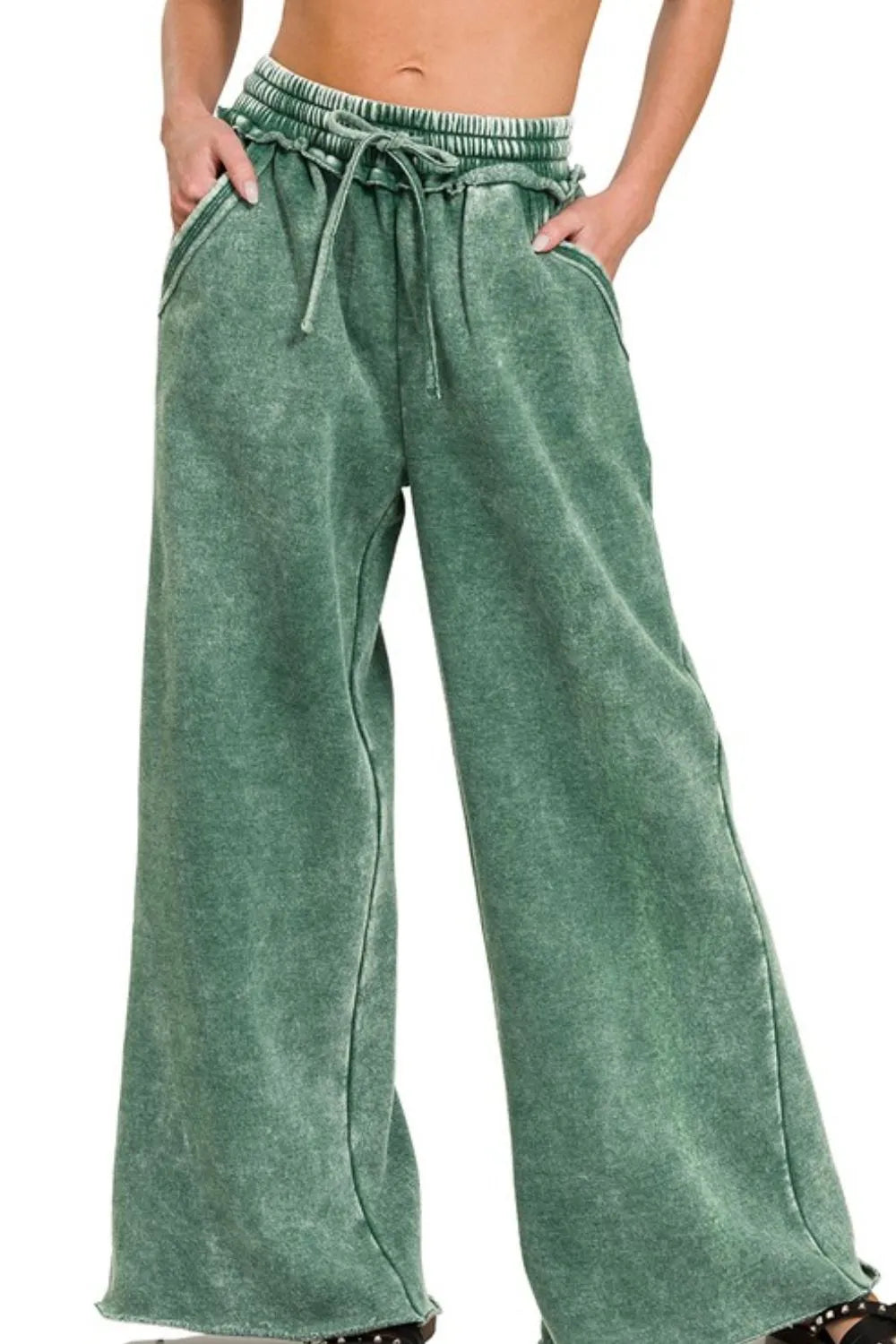 Zenana Dark Green Acid Wash Fleece Palazzo Sweatpants with Pockets DK GREEN