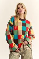 Davi & Dani Brown Multicolor Color Block Checkered Dropped Shoulder Sweater