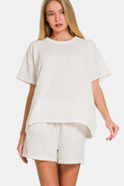 Zenana Off White Ribbed Short Sleeve T-Shirt and Shorts Set Off White Trendsi